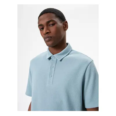 Koton Collar T-Shirt Button Detailed Short Sleeve Textured