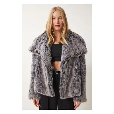 Happiness İstanbul Women's Gray Black Wide Collar Faux Fur Jacket