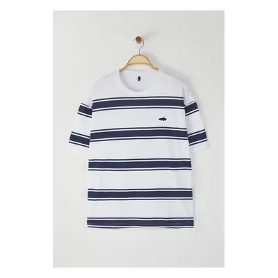 Trendyol White Oversize/Wide Cut Striped Thick 100% Cotton T-Shirt