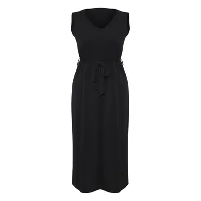 Trendyol Curve Black Tie Detail Midi V Neck Stretchy Knit Dress