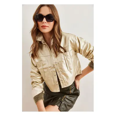 Olalook Women's Gold Double Pocket Leather Look Crop Jacket