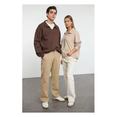 Trendyol Beige Couple Heart Embroidered Oversize/Wide Pattern Thessaloniki Polo Collar Knitted S