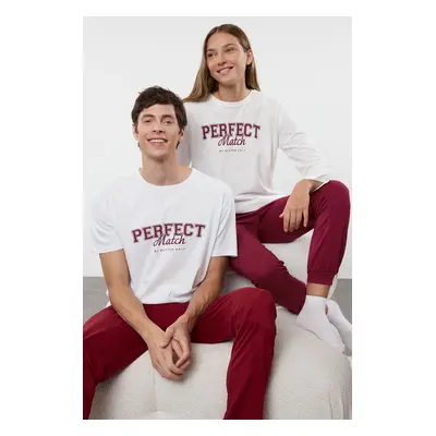 Trendyol Men's Ecru - Claret Red Regular Fit Knitted Couple/Double 100% Cotton Pajama Set