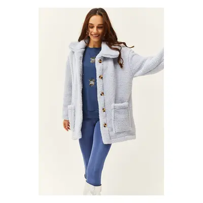 Olalook Women's Baby Blue Buttoned Pocket Unlined Oversize Plush Jacket