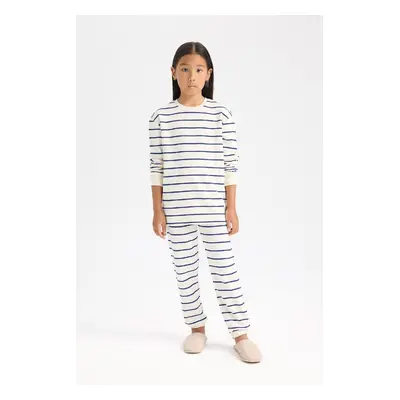 DEFACTO Girls Pajama Set Striped Long Sleeve Top Elastic Waist Long Bottom