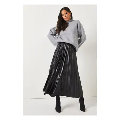 Olalook A-Line Black Leather Look Pleated Skirt