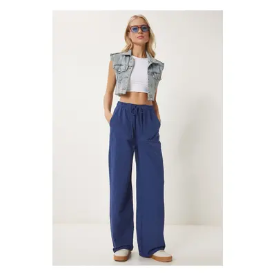 Happiness İstanbul Women's Cobalt Blue Faded Effect Wide Leg Denim Palazzo Pants