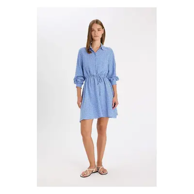 DEFACTO Shirt Collar Gingham Buttoned Waist Tie Seersucker Textured Long Sleeve Mini Dress