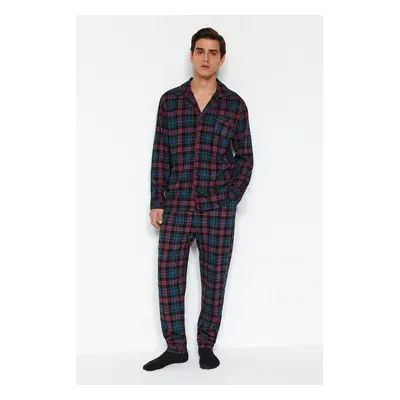 Trendyol Navy Blue Regular Fit Plaid Knitted 100% Cotton Pajama Set