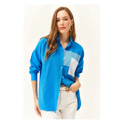 Olalook Women's Saxe Blue Pocket Detailed Oversize Woven Shirt