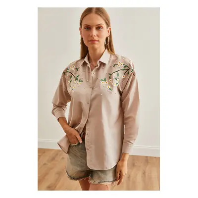 Olalook Women's Daisy Stone Embroidery Detailed Oversize Woven Shirt