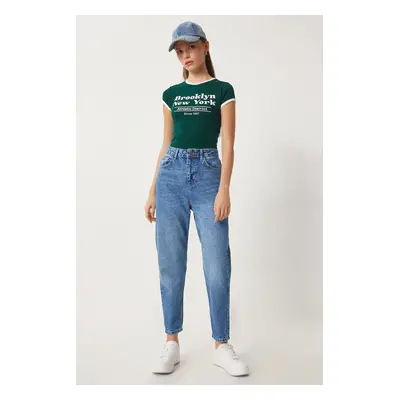 Happiness İstanbul Women's Blue Mid Waist Mom Jeans