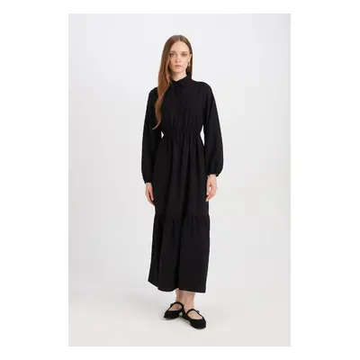 DEFACTO Shirt Collar Basic Plain Buttoned Waist Gathered Long Sleeve Maxi Black Dress