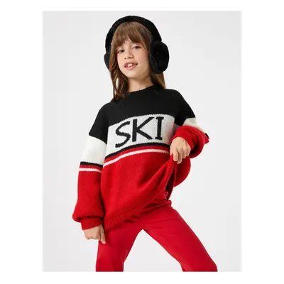 Koton Sweater Round Neck Color Blocked Text Detailed