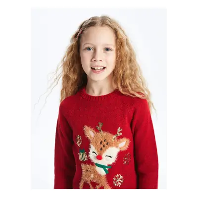 LC Waikiki Girls' Crew Neck Christmas Themed Long Sleeve Knitwear Sweater