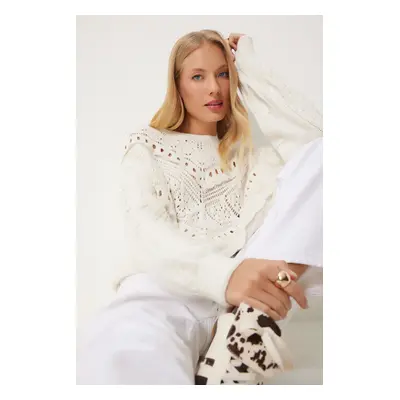 Happiness İstanbul Women's Cream Lace Detailed Openwork Knitted Sweater