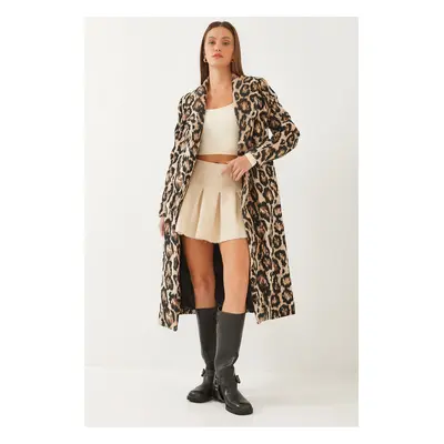 Bianco Lucci Women's Leopard Patterned Shawl Collar Detail Cashmere Coat