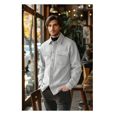 Trendyol Gray Melange Regular/Normal Cut Shirt Collar Flap Pocket Polar Fleece Lined Shirt