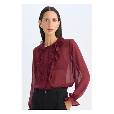 DEFACTO Regular Fit Crew Neck Ruffle Chiffon Long Sleeve Blouse