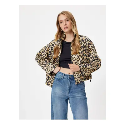 Koton Leopard Patterned Zippered Stand Collar Jacket