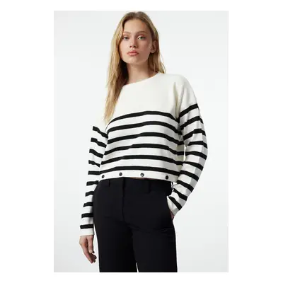 Trendyol Ecru Striped Functional Button Detailed Knitwear Sweater