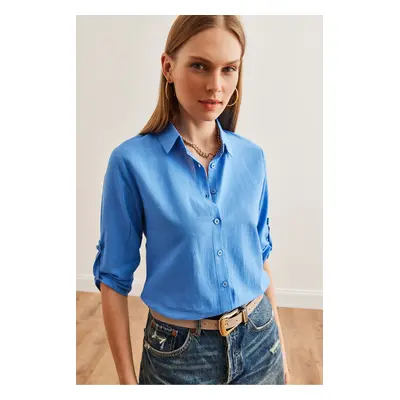 Olalook Women's Blue Folded Sleeve Linen Shirt