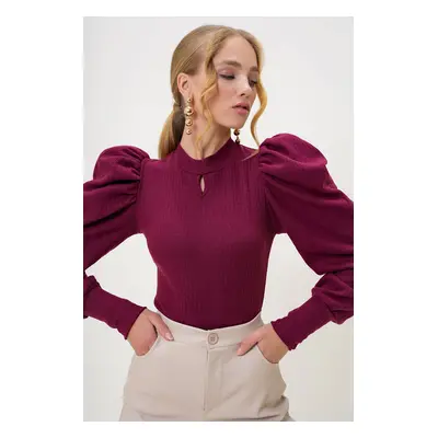 Trend Alaçatı Stili Women's Claret Red Crew Neck Drop Neck Princess Sleeve Knitwear Blouse