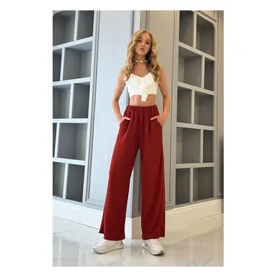 Trend Alaçatı Stili Women's Tile High Waist Double Pocket Wrinkled Pants