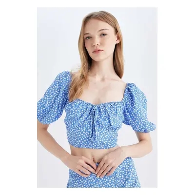 DEFACTO Fitted Round Neck Printed Moroccan Short Sleeve Blouse