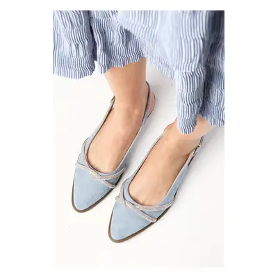 Mio Gusto Kyra Genuine Suede Flats with Blue Stones Scarf.