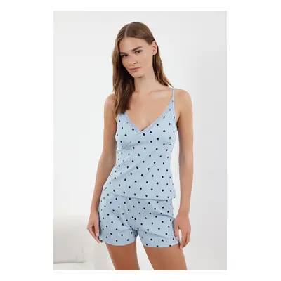 Trendyol Light Blue Cotton Heart Laced Rope Strap Ribbed Knitted Pajama Set