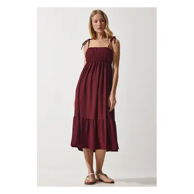 Happiness İstanbul Women's Burgundy Strappy Crinkle Summer Knitted Dress