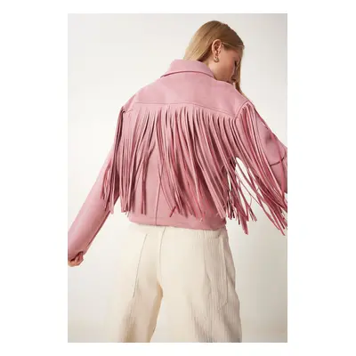 Happiness İstanbul Women's Dusty Rose Shirt Collar Tassel Suede Jacket