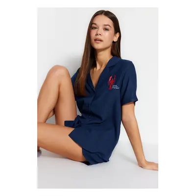 Trendyol Indigo Embroidered Shorts Woven Pajama Set