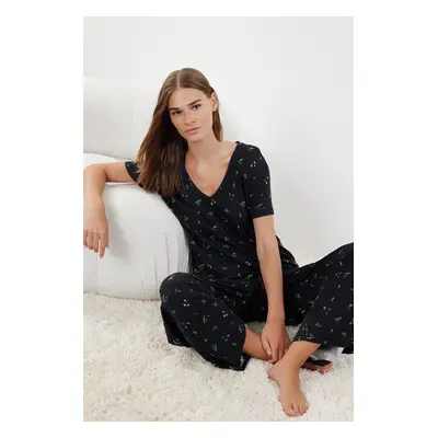 Trendyol Black-Multicolored Floral Knitted Pajama Set