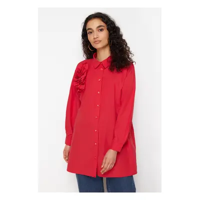 Trendyol Red Applique Flower Detailed Cotton Woven Shirt