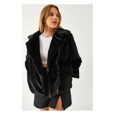 Bianco Lucci Women's Double Breasted Lapel Plush Für Coat