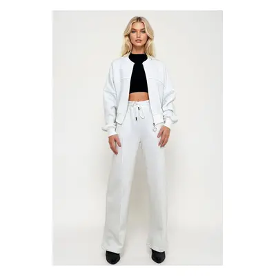 Trend Alaçatı Stili Women's White Crew Neck Thread Raised Front Zip Sweat and Grassy Pants Suit