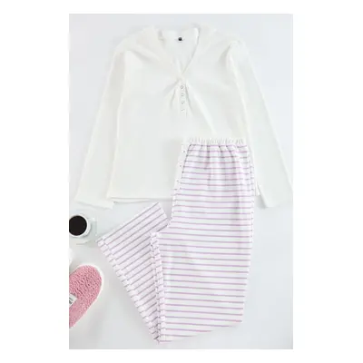 Trendyol Curve Lilac Striped Knitted Pajama Set with Snap Collar