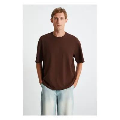 GRIMELANGE Jett Men's Oversize Fit 100% Organic Cotton Thick Textured Crew Neck Bitter Coffee T-