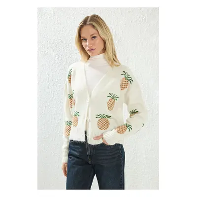 Trendyol Ecru*001 Soft Textured Pineapple Patterned V Neck Knitwear Cardigan