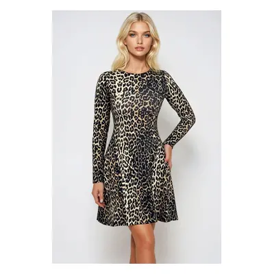 Trend Alaçatı Stili Leopard Woman Crew Neck Stitch Detail Flared Mini Dress