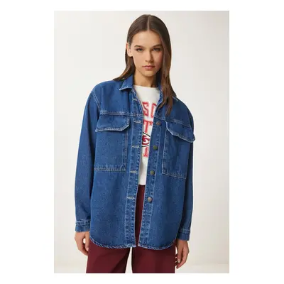 Happiness İstanbul Women's Dark Blue Wide Pocket Oversize Denim Jacket