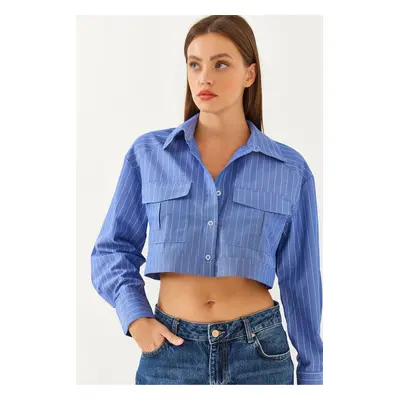 Bianco Lucci Women's Asymmetrical Yoke Crop Shirt