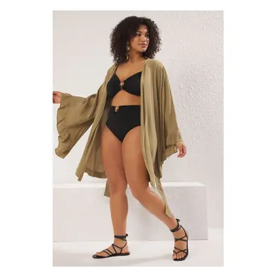 Trendyol Curve Khaki Frilled Sleeve Flounce Viscose Beach Wear Woven Plus Size Kimono&Caftan