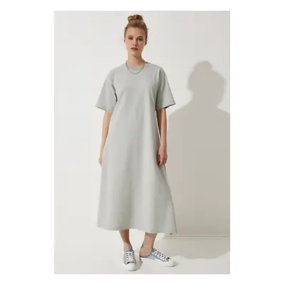 Happiness İstanbul Women's Gray Crew Neck Loose Comfortable Combed Cotton Dress