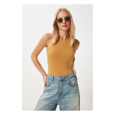 Happiness İstanbul Women's Mustard Crew Neck Snap Woven Bodysuit