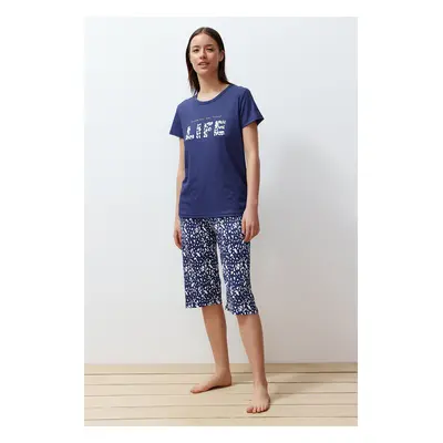 Trendyol Blue Motto Printed Ribbed Capri Knitted Pajamas Set