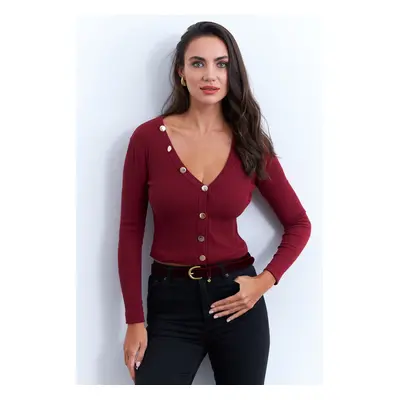 Cool & Sexy Women's Burgundy V Neck Button Detail Blouse