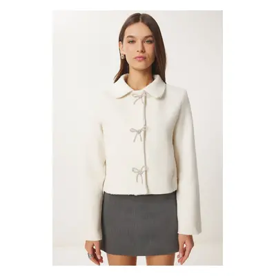 Happiness İstanbul Women's Bone Stylish Bow Detail Tweed Jacket